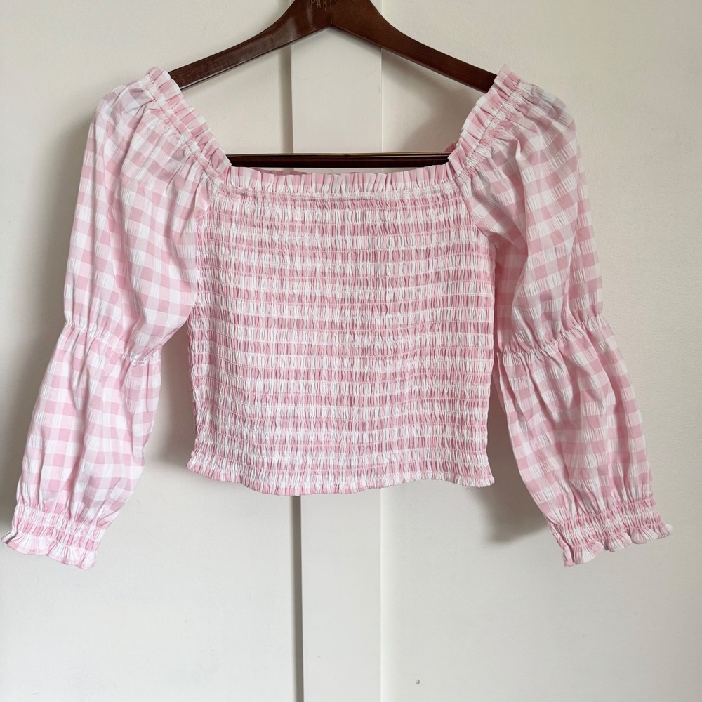 Gingham Smocked Cropped Blouse Puff Sleeves Pink and White Sz XS
